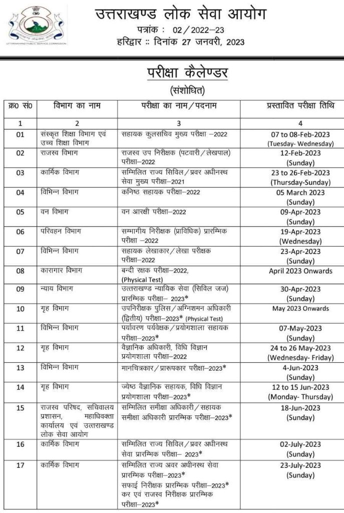 UKPSC EXAM CALENDAR 2023 schedule